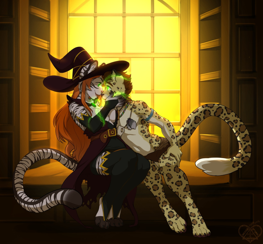 2018 4_toes 5_fingers anthro clothed clothing detailed_background digital_media_(artwork) duo feline female fur green_eyes hat hypnosis inner_ear_fluff kittydee leopard male mammal mind_control open_mouth sitting smile tiger toes white_fur