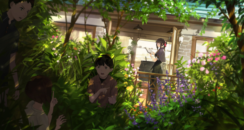 black_hair book brown_hair building cape dress flowers glasses group leaves loli long_hair male original ponytail shade short_hair somehira_katsu tree witch wristwear