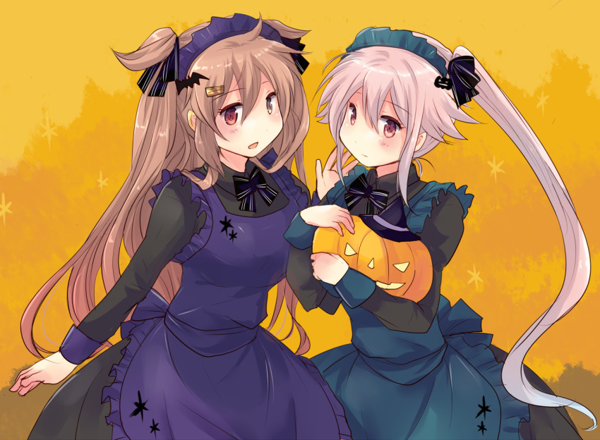 black_ribbon blue_hair brown_eyes commentary enmaided gradient_hair hair_ornament hairclip halloween harusame_(kantai_collection) hat heterochromia hirune_(konekonelkk) kantai_collection light_brown_hair long_hair maid maid_headdress multicolored_hair murasame_(kantai_collection) pink_hair pumpkin red_eyes remodel_(kantai_collection) ribbon side_ponytail twintails two_side_up witch_hat