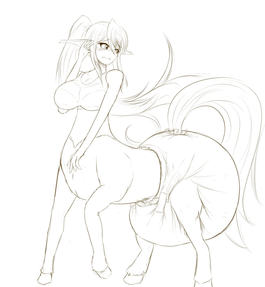 5_fingers big_breasts blush bra breasts centaur centorea_shianus_(monster_musume) clothing diaper embarrassed equine equine_taur feces female frown hair long_hair long_ponytail looking_back mammal messy_diaper monster_musume pointy_ears pooping prettypaddedprincess scat sketch soiling soiling_diaper solo taur underwear