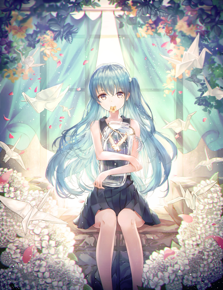 1girl artist_request blue_eyes blue_hair flower hatsune_miku long_hair looking_at_viewer neiless_neiro solo twintails vocaloid window