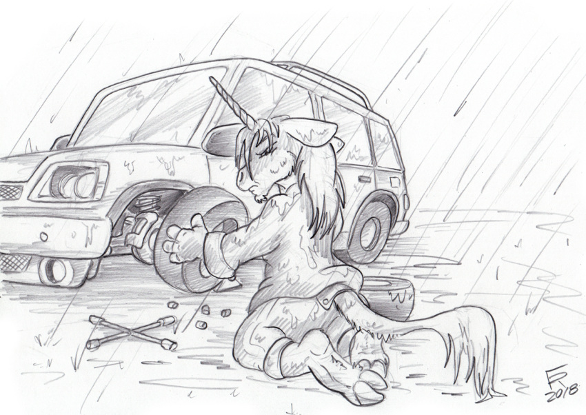 car equine flinters hooves horn male mammal outside raining solo tire unicorn vehicle wet