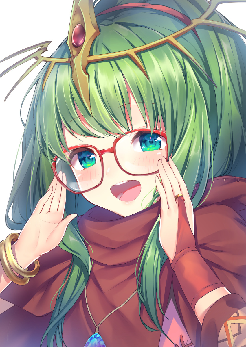 adjusting_eyewear aqua_eyes bangle bangs bespectacled blush bracelet bridal_gauntlets chiki circlet cloak commentary_request eyebrows_visible_through_hair fire_emblem fire_emblem:_monshou_no_nazo fire_emblem_heroes gem glasses green_hair hands_up highres hood hood_down hooded_cloak jewelry long_hair long_sleeves necklace open_mouth pendant ponytail red-framed_eyewear round_teeth simple_background smile solo teeth topia upper_body upper_teeth white_background