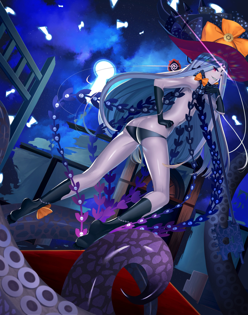 abigail_williams_(fate/grand_order) absurdres ankle_bow ankle_ribbon ass back bangs bare_shoulders black_bow black_hat black_panties bow breasts butt_crack commentary_request fate/grand_order fate_(series) feet forehead glowing glowing_eye grin hand_on_hip hat highres hips keyhole legs long_hair long_legs looking_at_viewer night night_sky orange_bow panties parted_bangs polka_dot polka_dot_bow portal_(object) red_eyes ribbon sharp_teeth skull_print sky smile solo staff stuffed_toy takinashi_(friend_coffee) teeth tentacles thighs third_eye underwear white_hair white_skin witch_hat