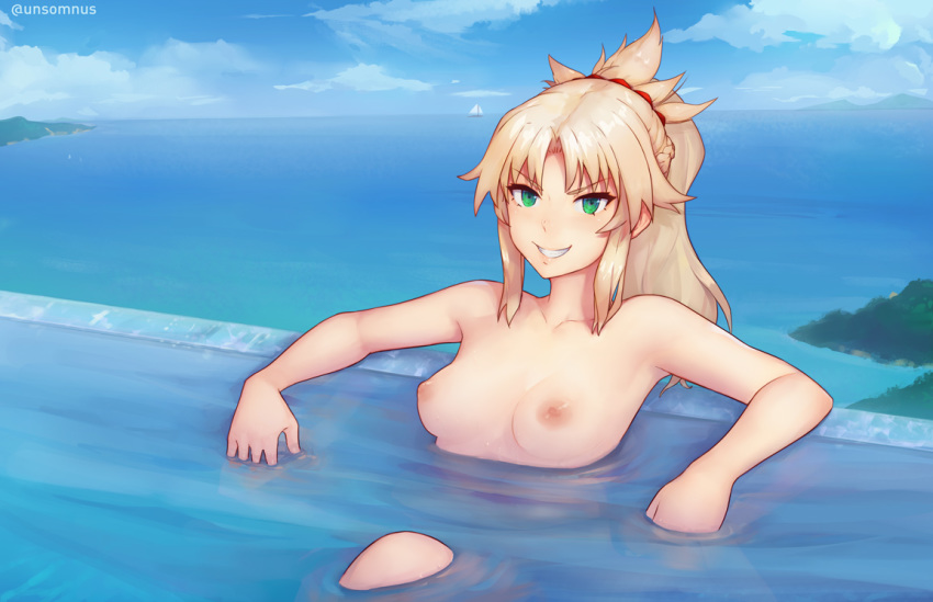 blonde_hair boat braids breasts clouds fate/grand_order fate_(series) green_eyes long_hair mordred nipples ponytail pool sky topless unsomnus water watermark