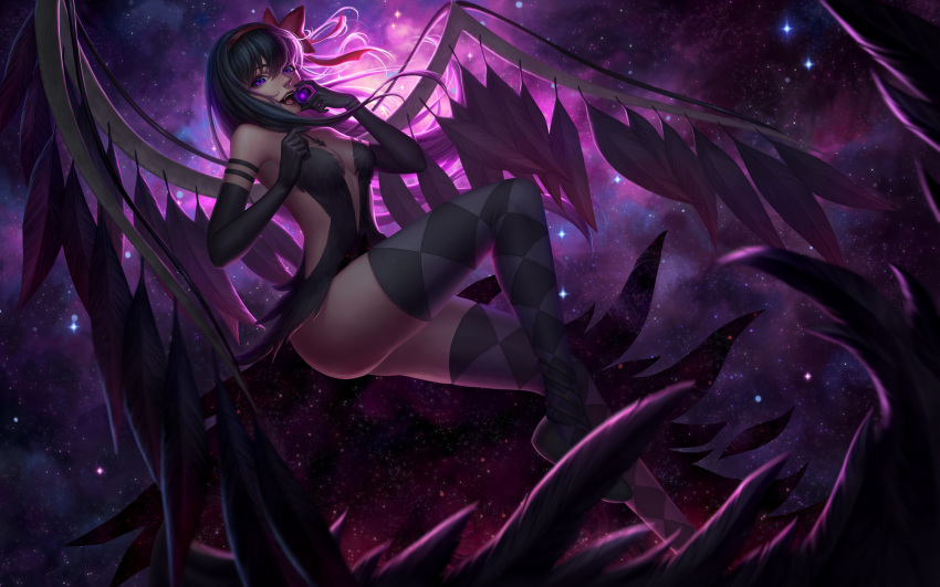 absurdres akemi_homura akuma_homura argyle argyle_legwear bangs bare_shoulders black_footwear black_gloves black_hair black_hairband black_wings breasts cleavage elbow_gloves feathered_wings full_body galaxy gloves hairband highres holding long_hair looking_at_viewer magical_girl mahou_shoujo_madoka_magica open_mouth purple_eyes realistic ribbon solo thighhighs thighs wings ye_shang_zhu