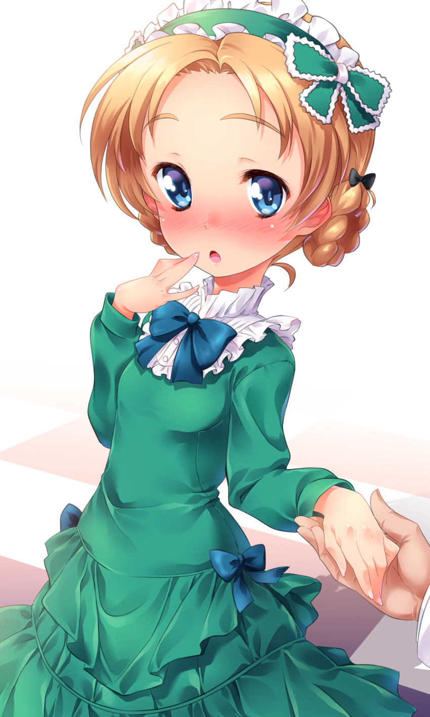 absurdres bangs black_bow blue_bow blue_eyes blush bow braid commentary_request dress fingernails formal frilled_hairband frills girls_und_panzer green_dress green_hairband hair_bow hairband hand_to_own_mouth headdress high_collar highres holding_hand kuzuryuu_kennosuke long_dress long_sleeves orange_hair orange_pekoe out_of_frame parted_bangs partial_commentary pov shadow short_hair solo_focus tied_hair twin_braids