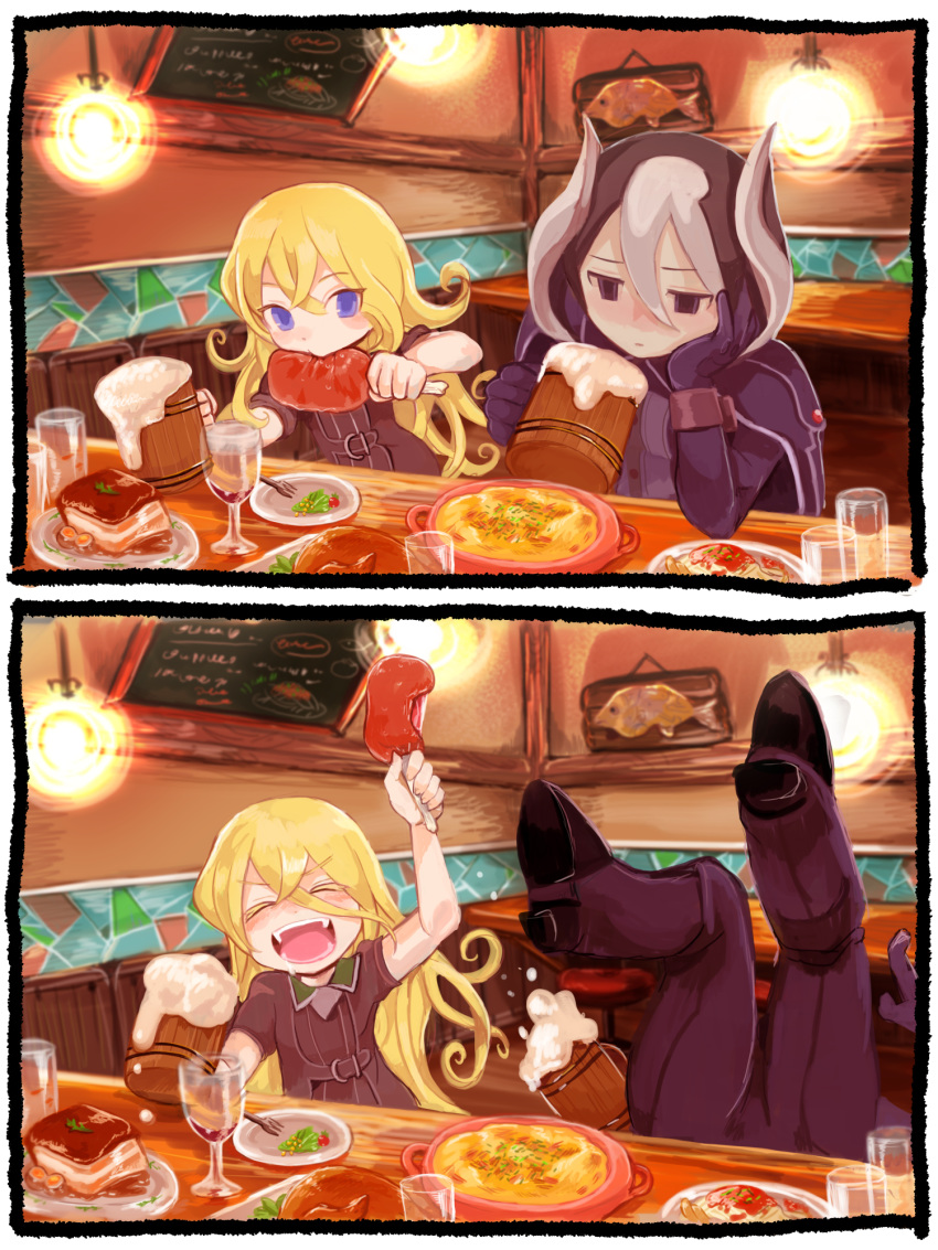 2koma :d alcohol arm_up bar beer beer_mug black_eyes black_hair blonde_hair blush buchi0122 chalkboard closed_eyes closed_mouth comic commentary cup drinking_glass drunk eating eyebrows_visible_through_hair falling food fork glass hair_between_eyes highres holding indoors long_hair looking_at_viewer lyza made_in_abyss meat multicolored_hair multiple_girls nose_blush open_mouth ozen plate purple_eyes sign smile two-tone_hair v-shaped_eyebrows very_long_hair white_hair wine_glass