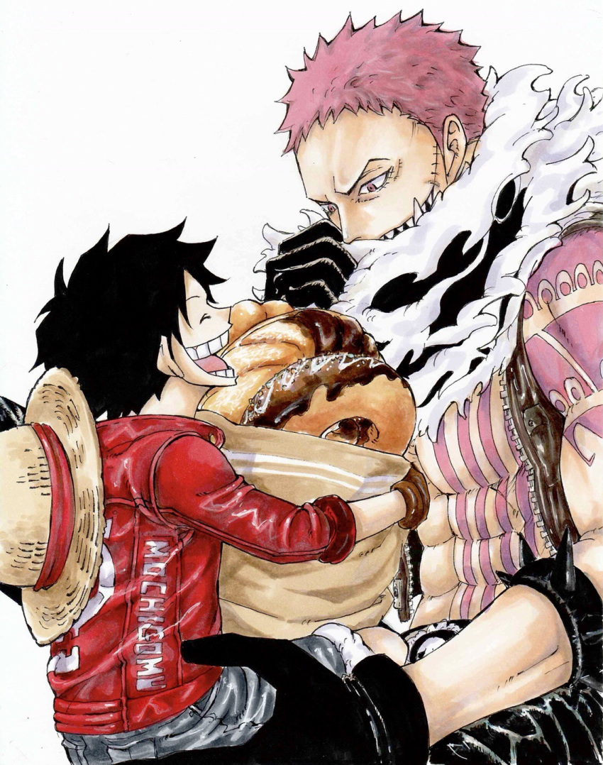 abs arm_tattoo armlet bad_id bad_pixiv_id bag bare_chest black_gloves black_hair brown_gloves carrying charlotte_katakuri chest chest_tattoo denim denim_shorts doughnut face-to-face food gloves hat height_difference highres holding holding_bag jacket komugi_(kmgxxx) long_sleeves looking_at_another male_focus monkey_d_luffy multiple_boys muscle one_piece open_clothes open_mouth open_vest pink_eyes pink_hair red_jacket scar scarf scarf_over_mouth sharp_teeth short_hair shorts simple_background sitting smile spiked_armlet spikes stitches stomach stomach_tattoo straw_hat tattoo teeth unzipped upper_body vest white_background zipper