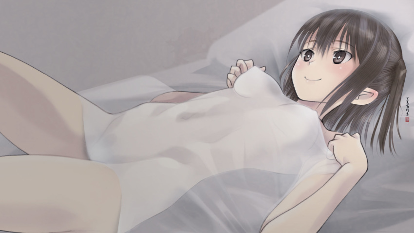 bangs blush brown_eyes brown_hair closed_mouth commentary_request covered_navel covered_nipples eyebrows_visible_through_hair highres kantai_collection kurorichin lying naked_sheet on_back see-through see-through_silhouette sendai_(kantai_collection) shiny shiny_hair short_hair smile solo thighs two_side_up
