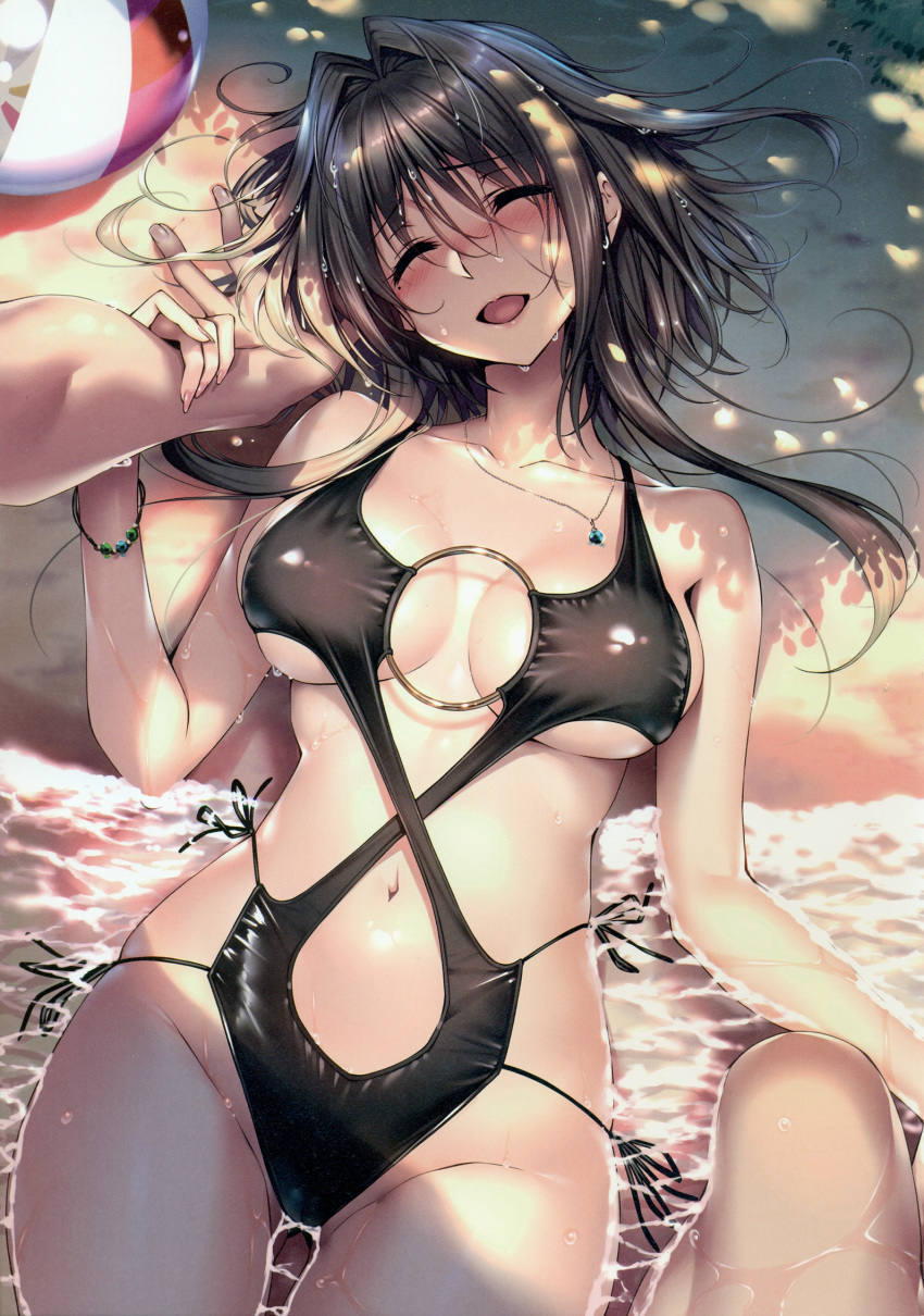 amakano amakano_~second_season~ arm_grab ball bangs beach beachball black_swimsuit bracelet breasts brown_hair closed_eyes collarbone cowboy_shot d: eyebrows_visible_through_hair fingernails hair_intakes head_tilt highres jewelry kanbayashi_mizuki large_breasts long_fingernails lying mole mole_under_eye navel necklace o-ring o-ring_swimsuit on_back open_mouth out_of_frame outdoors partially_submerged piromizu scan shiny shiny_clothes shiny_hair short_hair short_hair_with_long_locks side-tie_swimsuit sidelocks smile solo_focus swimsuit water water_drop wet wet_hair