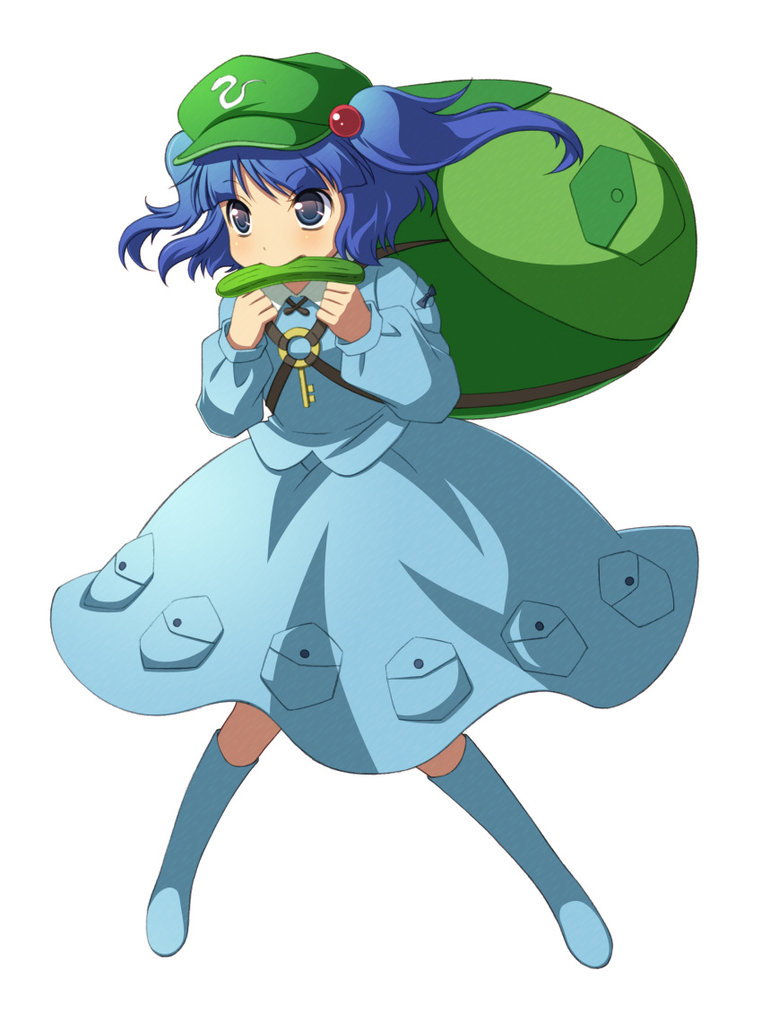 absurdres backpack bag blue_dress blue_eyes blue_footwear blue_hair boots cucumber dress full_body highres holding_strap kawashiro_nitori key knee_boots long_hair mouth_hold official_art simple_background solo touhou two_side_up white_background