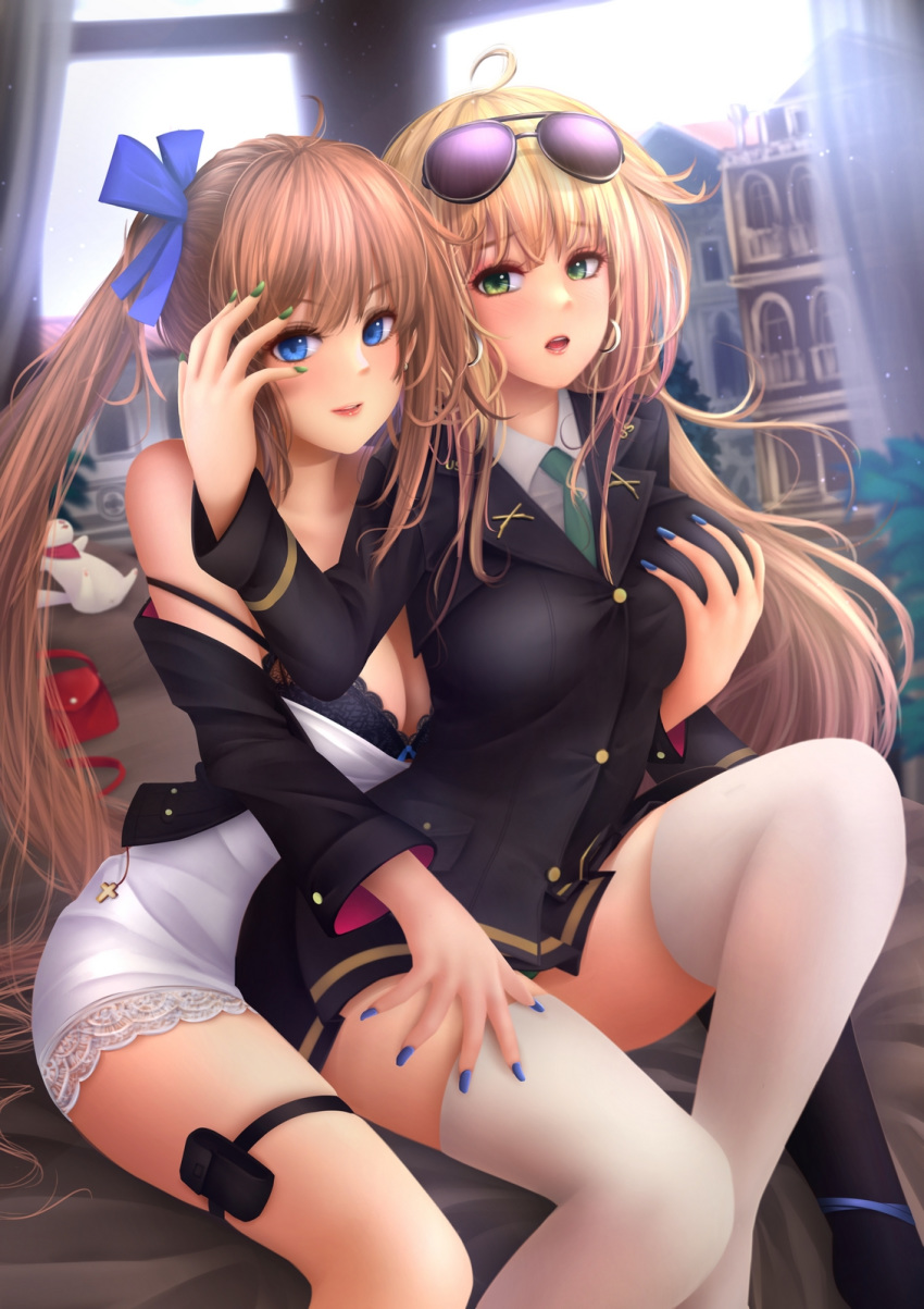 ahoge anakin_sky_(utcc) aviator_sunglasses bangs blonde_hair blue_bra blue_eyes blue_nails blush bow bra breast_grab breasts brown_hair building choker cleavage commentary cross day dress earrings eyebrows_visible_through_hair eyewear_on_head fal_(girls_frontline) ferret girls_frontline grabbing green_eyes green_nails hand_on_another's_face hand_on_another's_thigh highres hoop_earrings indoors jacket jewelry large_breasts lingerie long_hair looking_at_viewer m1918_bar_(girls_frontline) messy_hair multiple_girls nail_polish necktie off_shoulder open_mouth ribbon side_ponytail single_thighhigh sitting skindentation smile sunglasses thigh_strap thighhighs underwear very_long_hair white_dress white_legwear window