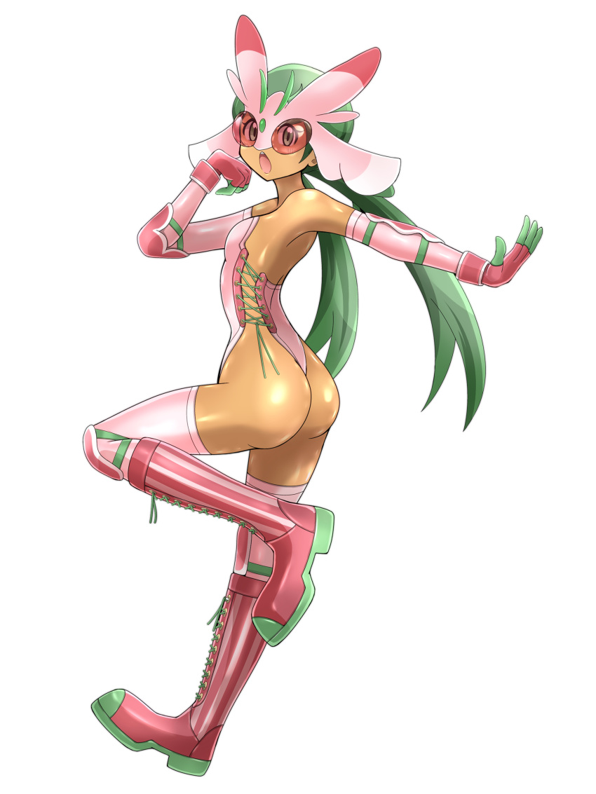1girl absurdres alternate_costume arm_up ass bare_shoulders blush boots breasts chestnut_mouth cosplay creatures_(company) cross-laced_footwear dark_skin female from_side full_body game_freak gen_7_pokemon gloves green_eyes green_hair hand_up highres knee_boots knee_pads leg_up leotard long_hair looking_at_viewer lurantis lurantis_(cosplay) mao_(pokemon) mask matching_hair/eyes nintendo open_mouth outstretched_arm pink_footwear pink_gloves pink_legwear pink_leotard pokemon pokemon_(game) pokemon_sm shiny shiny_clothes shiny_skin shoukin500 simple_background small_breasts solo standing standing_on_one_leg strapless strapless_leotard striped_footwear teeth thighhighs thong_leotard tied_hair twintails vambraces white_background