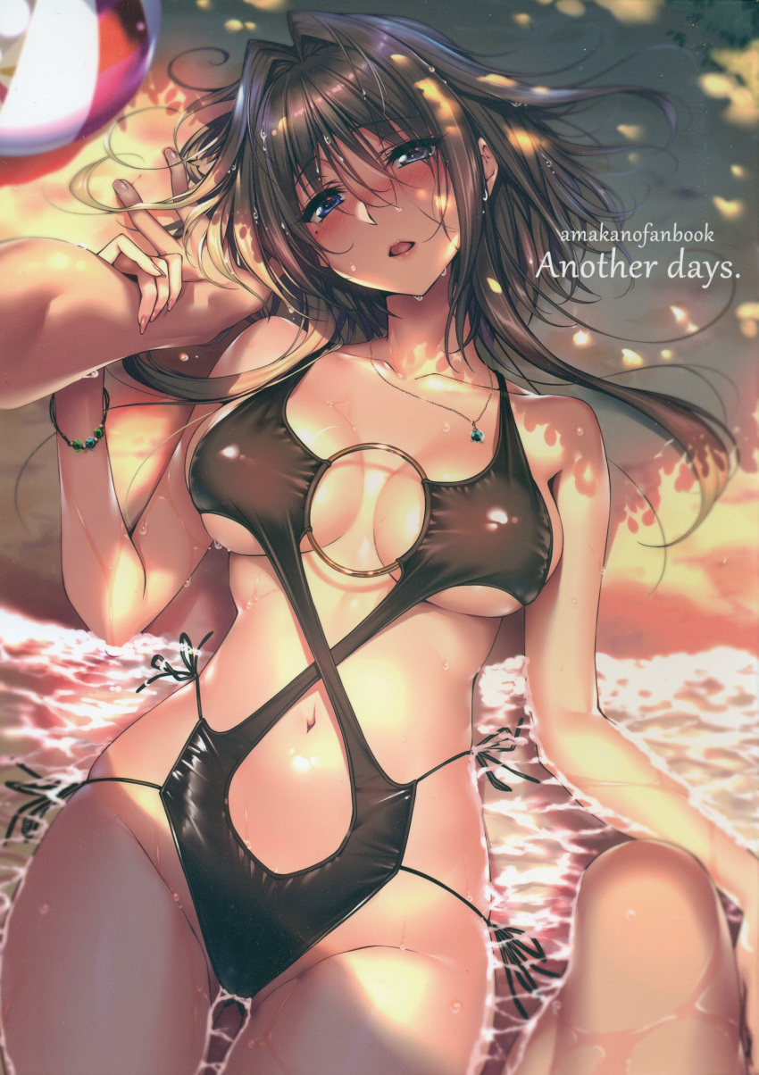 amakano arm_grab artist_name ball bangs bare_shoulders beach beachball black_swimsuit blue_eyes blush bracelet breasts breasts_apart brown_hair collarbone cowboy_shot d: eyebrows_visible_through_hair fingernails hair_intakes head_tilt highres jewelry kanbayashi_mizuki large_breasts long_fingernails looking_up lying medium_hair mole mole_under_eye navel necklace o-ring o-ring_swimsuit on_back open_mouth out_of_frame outdoors partially_submerged piromizu scan shadow shiny shiny_clothes shiny_hair shiny_skin short_hair short_hair_with_long_locks side-tie_swimsuit solo_focus swimsuit water water_drop wet wet_hair