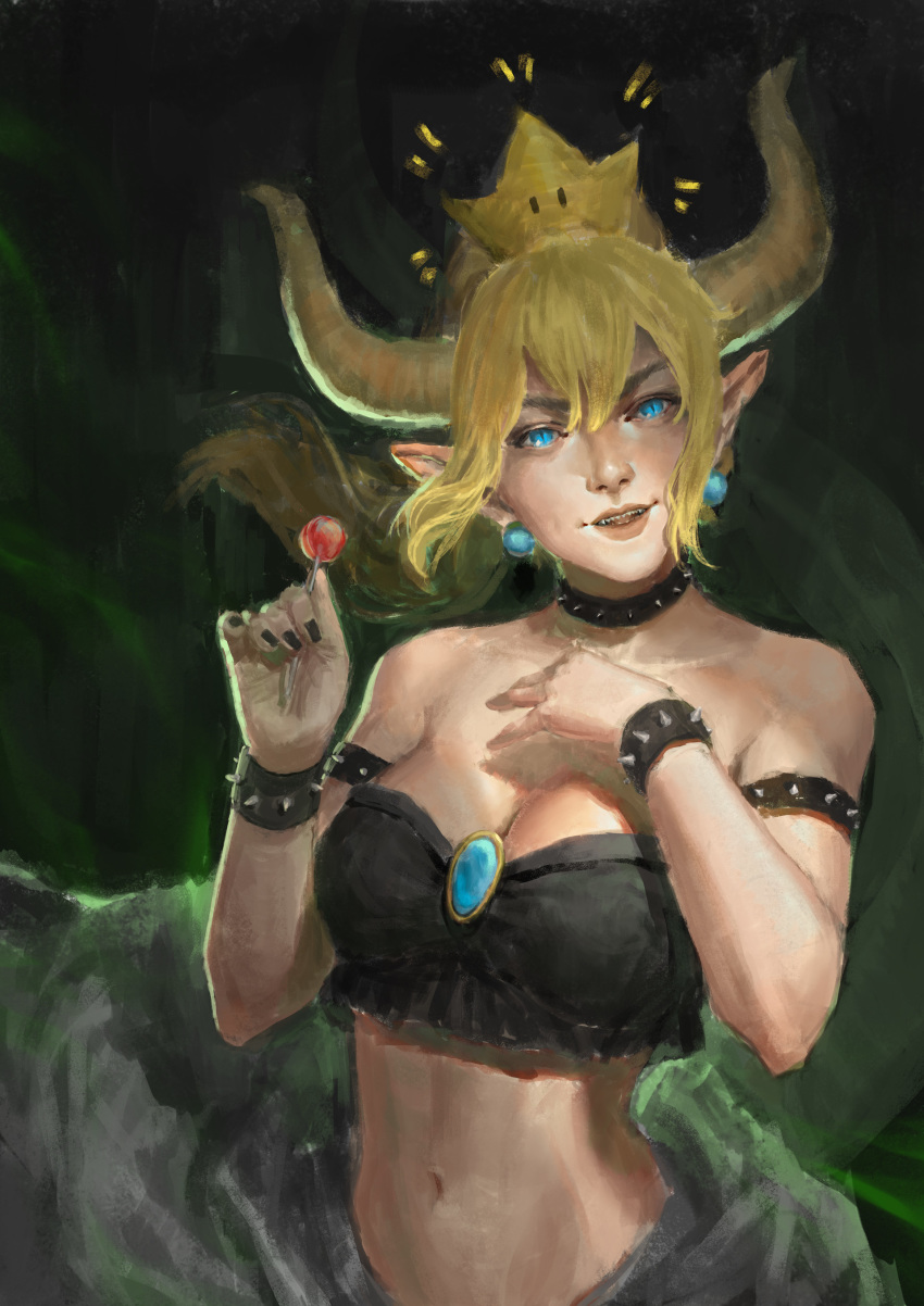 absurdres armlet bare_shoulders black_collar black_nails blonde_hair blue_eyes bowsette bracelet breasts candy cleavage collar collarbone commentary crop_top crown earrings english_commentary food grey_skirt hair_between_eyes hand_on_own_chest highres holding holding_food holding_lollipop horns jewelry juliana_wilhelm lollipop looking_at_viewer mario_(series) nail_polish navel new_super_mario_bros._u_deluxe open_mouth pointy_ears sharp_teeth skirt skirt_lift slit_pupils speedpaint spiked_armlet spiked_bracelet spiked_collar spikes strapless super_crown teeth transformation