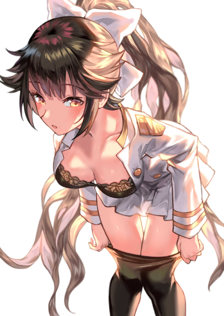 adjusting_clothes adjusting_legwear azur_lane bangs black_bra black_hair black_legwear blush bow bra breasts brown_eyes commentary_request denchu_(kazudentyu) eyebrows_visible_through_hair hair_bow hair_flaps highres jacket large_breasts lingerie long_hair looking_at_viewer military military_uniform mole mole_under_eye open_clothes open_jacket open_mouth pantyhose pleated_skirt ponytail ribbon skirt solo swept_bangs takao_(azur_lane) tareme underwear uniform very_long_hair white_bow
