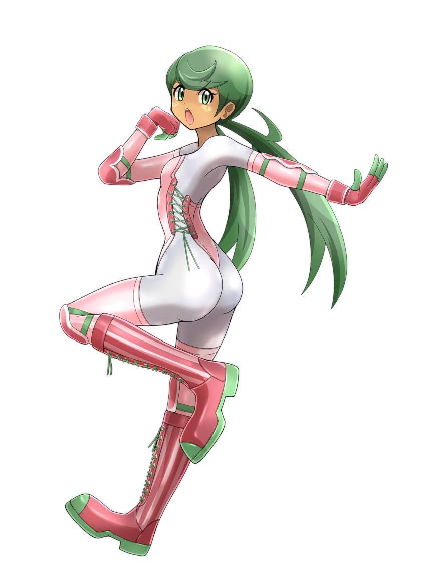 1girl absurdres alternate_costume arm_up ass bangs blush bodystocking boots breasts chestnut_mouth cosplay creatures_(company) cross-laced_footwear dark_skin eyebrows_visible_through_hair female from_side full_body game_freak gen_7_pokemon gloves green_eyes green_hair hand_up highres knee_boots knee_pads leg_up leotard long_hair looking_at_viewer lurantis lurantis_(cosplay) mao_(pokemon) matching_hair/eyes nintendo open_mouth outstretched_arm pink_footwear pink_gloves pink_legwear pink_leotard pokemon pokemon_(game) pokemon_sm shiny shiny_clothes shoukin500 simple_background small_breasts solo standing standing_on_one_leg strapless strapless_leotard striped_footwear swept_bangs teeth thighhighs thong_leotard tied_hair twintails vambraces white_background