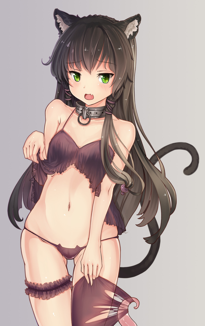 animal_ear_fluff animal_ears ass_visible_through_thighs babydoll black_hair black_panties blush breasts cat_ears cat_lingerie cat_tail collar commentary_request cowboy_shot eyebrows_visible_through_hair fang flat_chest green_eyes hair_between_eyes highres isekai_maou_to_shoukan_shoujo_dorei_majutsu leg_garter long_hair looking_at_viewer md5_mismatch meme_attire metal_collar navel open_mouth panties pantyhose rem_galeu rhineheim shirt_lift sidelocks skindentation small_breasts solo tail tentacles thigh_gap thigh_strap torn_clothes torn_legwear underwear