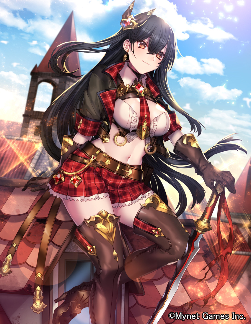bell_tower belt black_hair black_legwear blue_sky boots breasts brown_eyes brown_gloves cleavage company_name day gem gloves gold_trim gyakushuu_no_fantasica highres katagiri_hachigou long_hair midriff miniskirt navel necktie official_art outdoors plaid plaid_neckwear plaid_skirt planted_sword planted_weapon rooftop skirt sky solo sword thigh_boots thighhighs weapon white_collar