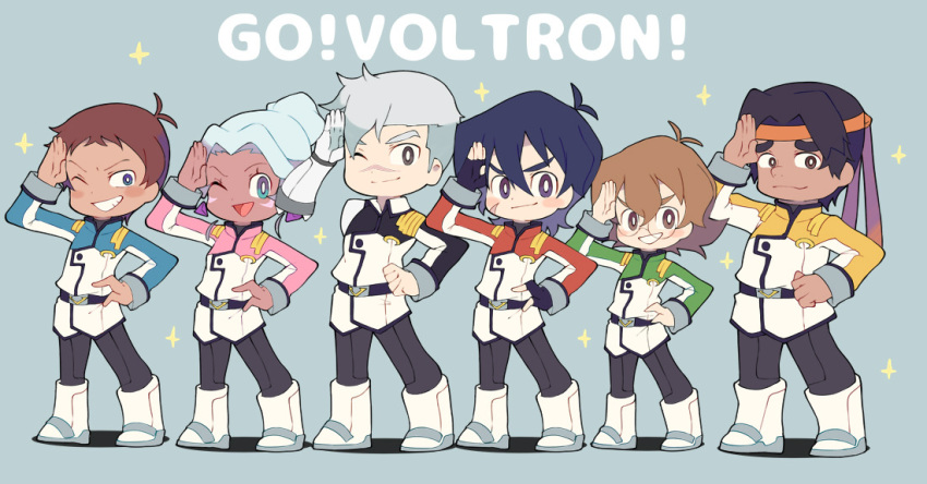 4boys ;d black_hair blue_eyes boots brown_eyes brown_hair dark_skin everyone fingerless_gloves glasses gloves hand_on_hip headband hunk_(voltron) hyakujuu-ou_golion keith_(voltron) lance_(voltron) mechanical_arm military military_uniform miyata_(lhr) multiple_boys multiple_girls one_eye_closed open_mouth pidge_gunderson princess_allura reverse_trap salute scar side-by-side silver_hair smile spoilers standing takashi_shirogane thick_eyebrows tomboy uniform voltron:_legendary_defender white_footwear white_hair