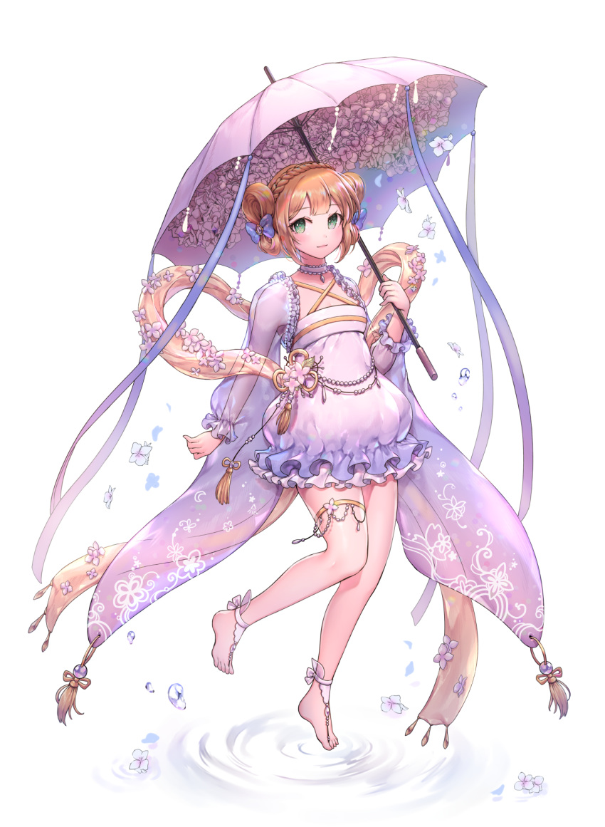 anklet bangs barefoot barefoot_sandals blue_bow blush bow braid brown_hair choker closed_mouth commentary_request crown_braid eyebrows_visible_through_hair flower full_body green_eyes hagoromo hair_bow highres holding holding_umbrella jewelry long_sleeves looking_at_viewer mizura original ozzingo ripples see-through see-through_sleeves shawl short_hair smile solo umbrella water_drop white_background