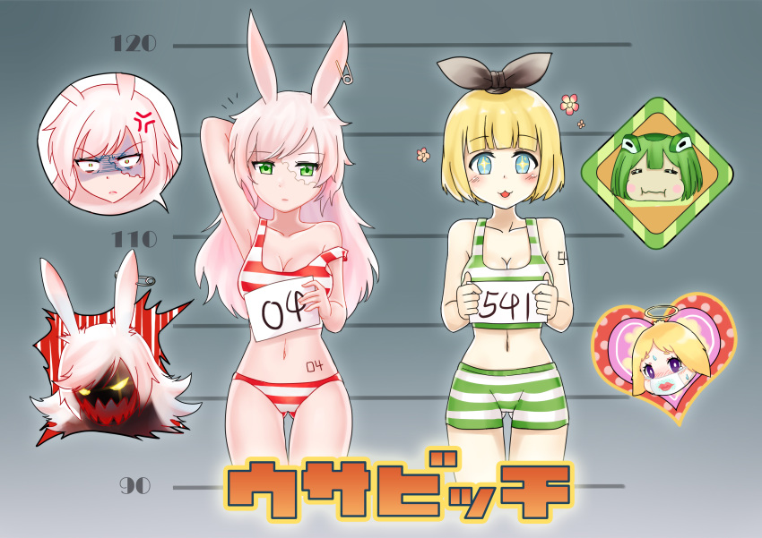 absurdres angry animal_ears arm_behind_head bikini black_bow blonde_hair blue_eyes bow boyshorts breasts bunny_ears collarbone commentary_request datew eyebrows_visible_through_hair genderswap genderswap_(mtf) green_eyes green_stripe height_chart highres holding_tablet horizontal_stripes kirenenko komanech leningrad lineup long_hair looking_at_viewer multiple_girls number_tattoo pink_hair putin red_stripes short_hair smile standing strap_slip striped striped_bikini swimsuit tattoo translation_request usavich