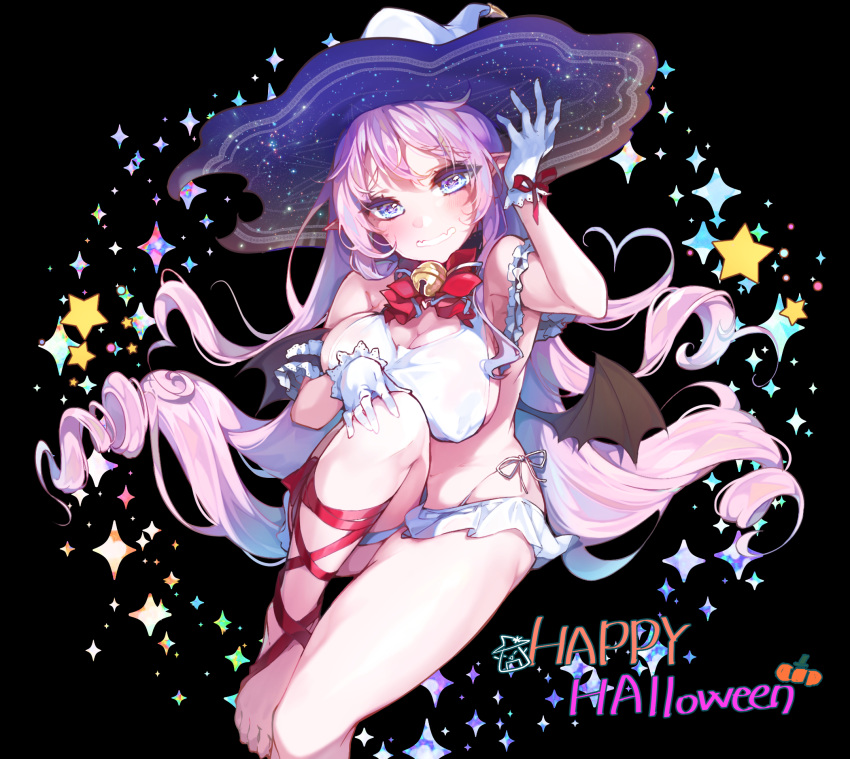 barefoot bat_wings bell bell_choker blue_eyes breasts choker commentary_request fangs gloves halloween happy_halloween hat highres kanola_u large_breasts looking_at_viewer open_mouth original pink_hair pointy_ears smile solo twintails wings witch_hat