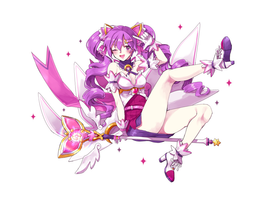 aisha_(elsword) bare_shoulders blush breasts cleavage curly_hair dimension_witch_(elsword) elsword finger_gun gem gloves heart highres inna leg_up magical_girl moon one_eye_closed sitting sitting_on_object smile sparkle_print staff twintails wings
