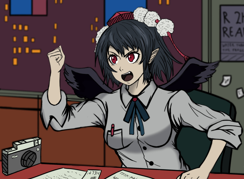 black_hair breast_pocket building camera city clenched_hand collared_shirt commentary dress_shirt english hat highres letter meme open_mouth paper parody pen pen_in_pocket pocket pointy_ears shameimaru_aya shirt short_hair sleeves_folded_up spider-man_(series) table tokin_hat touhou wings