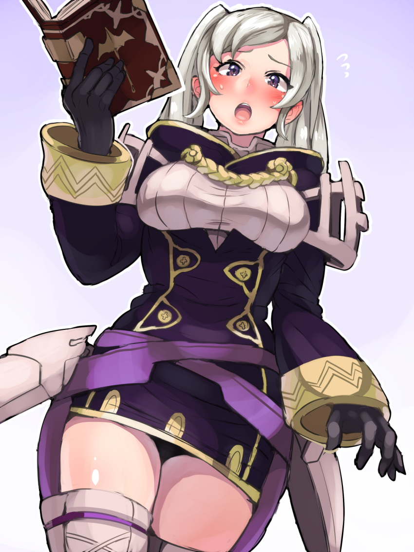 black_gloves blush book boots boris_(noborhys) breasts cloak commentary_request cosplay cowboy_shot dress dutch_angle female_my_unit_(fire_emblem:_kakusei) fire_emblem fire_emblem:_kakusei gloves gradient gradient_background grey_background highres long_hair long_sleeves looking_at_viewer mark_(female)_(fire_emblem) mark_(female)_(fire_emblem)_(cosplay) medium_breasts my_unit_(fire_emblem:_kakusei) open_mouth purple_eyes short_dress silver_hair simple_background solo standing sweatdrop tareme thigh_boots thighhighs twintails zettai_ryouiki