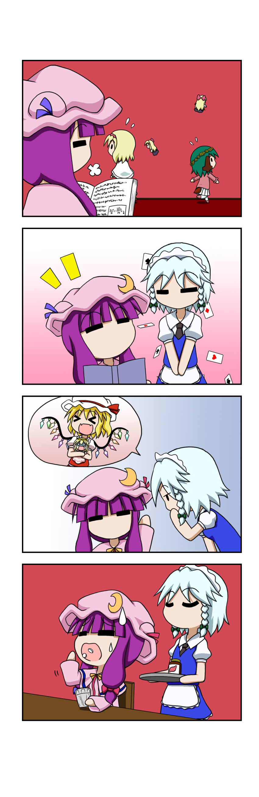 &gt;_&lt; 4koma :d =3 =_= absurdres alice_margatroid animal_ears apron bangs black_neckwear blonde_hair blouse blue_dress blue_vest blunt_bangs book bow braid capelet card chibi comic crescent crescent_hair_ornament cup dress drinking_glass eyebrows_visible_through_hair fangs flandre_scarlet flying_sweatdrops from_side green_hair hair_bow hair_ornament hairband hat head_wreath highres holding holding_tray hug izayoi_sakuya kasodani_kyouko lily_white long_sleeves maid_headdress medicine_bottle mob_cap multiple_girls necktie o_o open_book open_mouth patchouli_knowledge pill pink_blouse playing_card puffy_short_sleeves puffy_sleeves purple_hair rakugaki-biyori rapeseed_blossoms red_vest robe shaded_face shanghai_doll short_hair short_sleeves silent_comic silver_hair skirt smile solid_oval_eyes speech_bubble spoken_person striped striped_dress sweatdrop tail touhou tray twin_braids v_arms vest waist_apron walking white_skirt wings xd