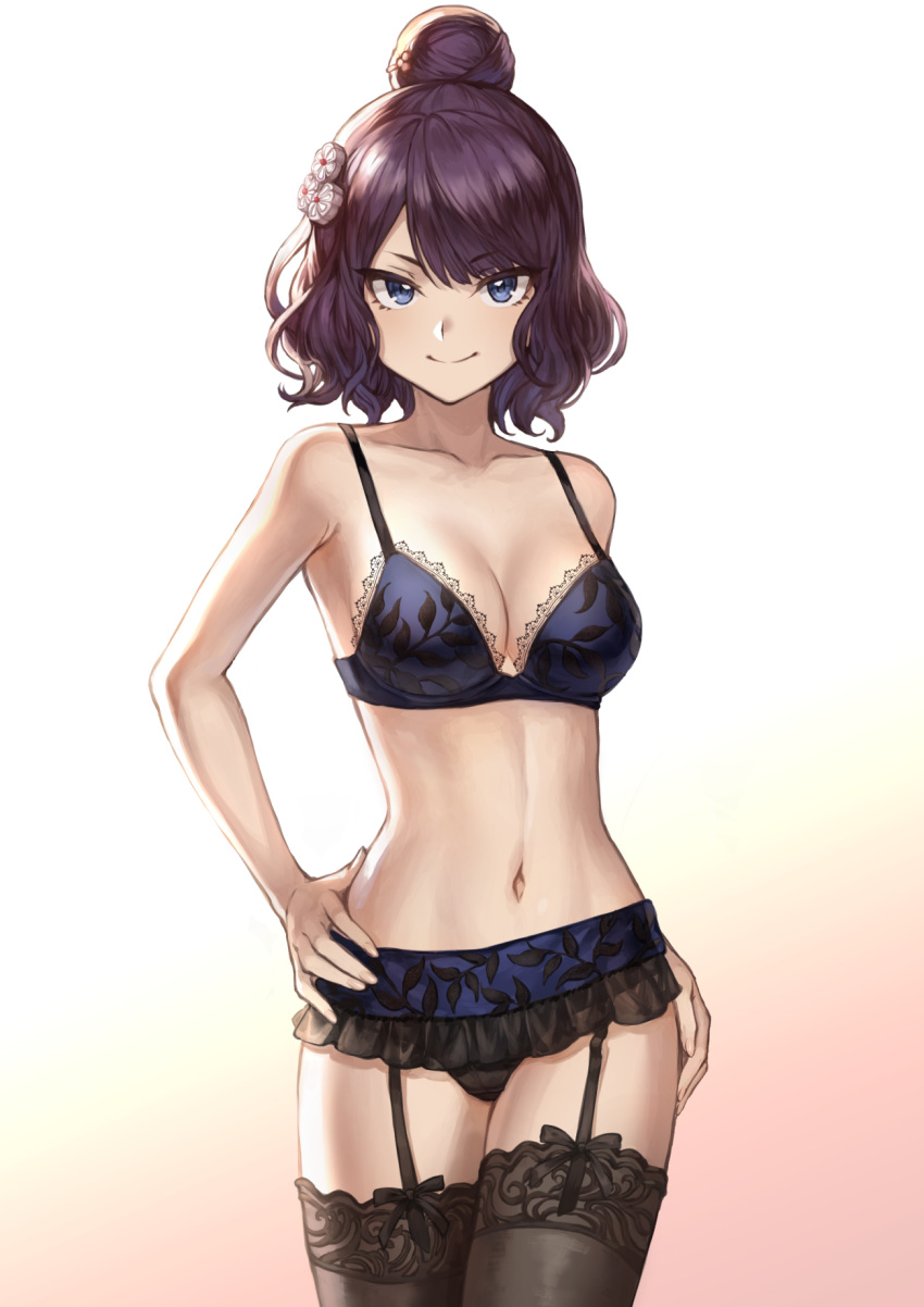 bangs black_panties blue_bra blue_eyes bra breasts closed_mouth collarbone commentary fate/grand_order fate_(series) garter_straps gradient gradient_background hair_bun hair_ornament hand_on_hip highres hips katsushika_hokusai_(fate/grand_order) lace lace-trimmed_bra leaf_print looking_at_viewer mashu_003 medium_breasts miniskirt navel panties purple_hair revision short_hair skirt smile solo swept_bangs thighs twitter_username underwear wavy_hair