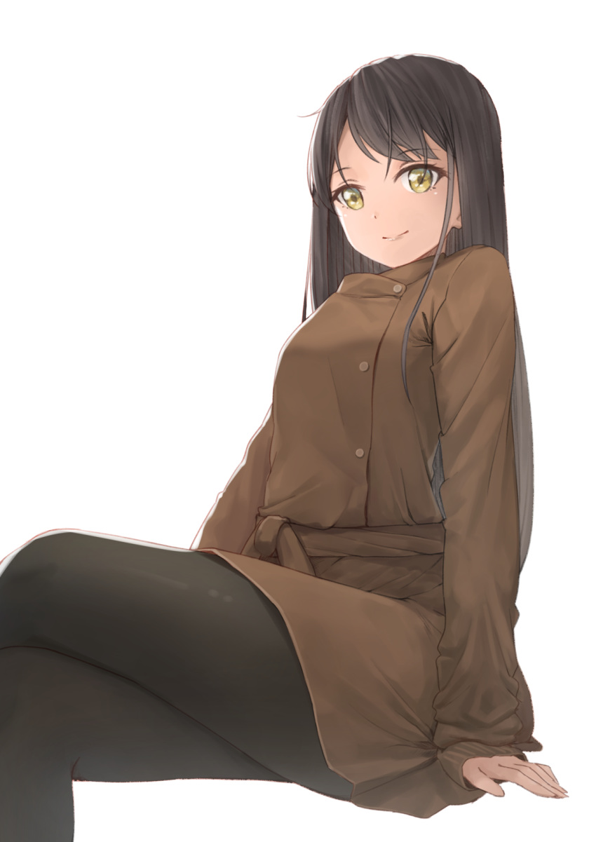 arms_at_sides black_hair black_legwear brown_coat coat commentary_request crossed_legs erezu eyebrows_visible_through_hair highres lips long_hair long_sleeves looking_at_viewer original pantyhose sitting sleeves_past_wrists smile solo straight_hair trench_coat yellow_eyes