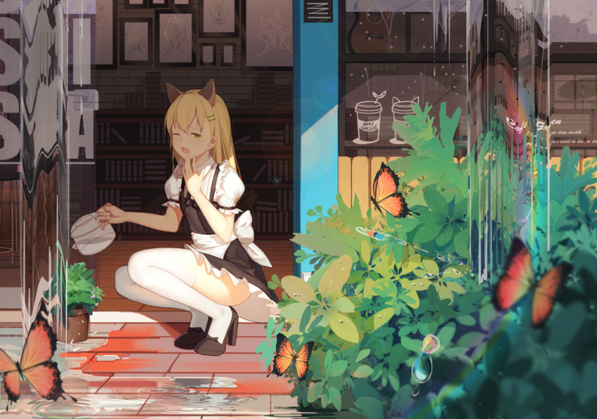 animal_ears ass blonde_hair book book_stack bookshelf bug butterfly cafe cat_ears day green_eyes hair_ornament hairclip handle high_heels insect maid one_eye_closed original outdoors puffy_short_sleeves puffy_sleeves scenery short_sleeves solo soulkiller squatting thighhighs water_drop white_legwear yawning