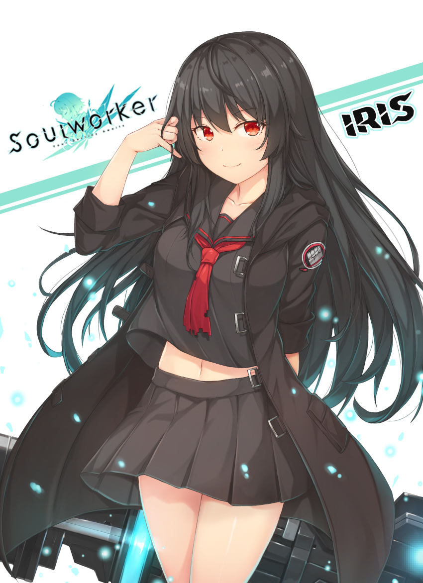 black_hair blush brown_skirt character_request closed_mouth coat collarbone copyright_name hallohi highres long_hair looking_at_viewer navel neckerchief red_eyes red_neckwear skirt smile solo soul_worker