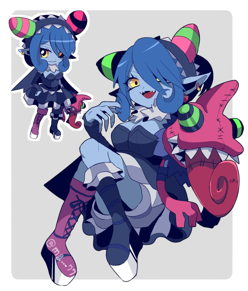 1girl appmon artist_request bandai blue_hair breasts cleavage demon_girl digimon digimon_universe:_appli_monsters female full_body long_hair looking_at_viewer mienumon monster_girl multiple_views pointy_ears smile solo succubus yellow_eyes