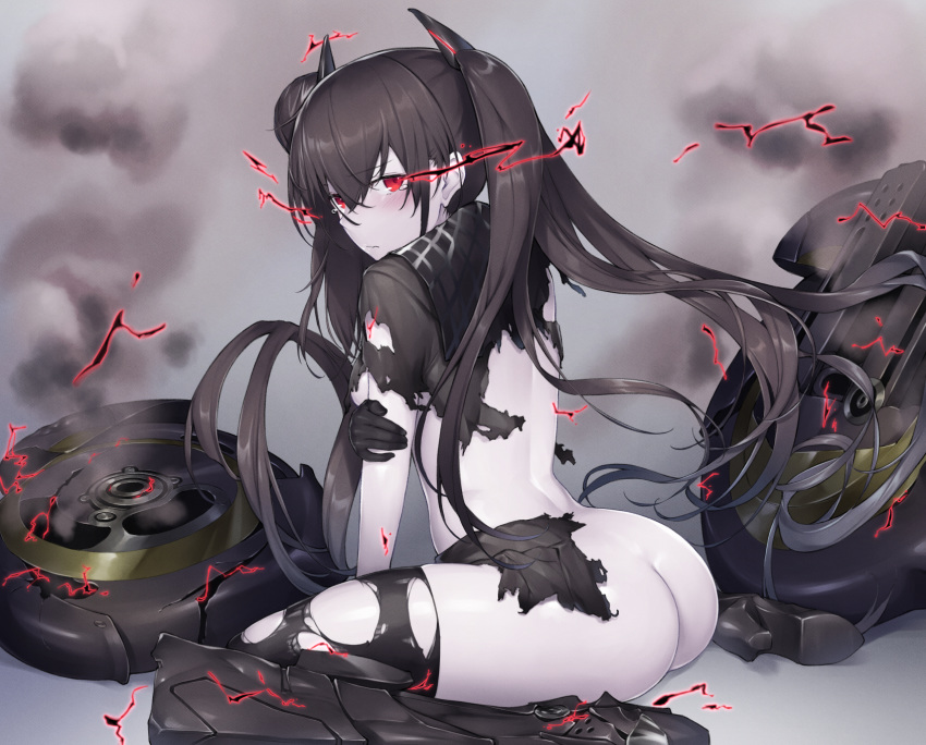 arm_support ass back bangs black_gloves black_hair black_legwear black_serafuku black_skirt blush boots bow breasts closed_mouth commentary_request dabuki damaged electricity from_side girls_frontline gloves hand_on_own_arm headgear high_heel_boots high_heels highres long_hair looking_at_viewer medium_breasts ouroboros_(girls_frontline) red_eyes sangvis_ferri school_uniform serafuku shirt sitting skirt smoke solo tearing_up thigh_boots thighhighs torn_clothes torn_legwear torn_shirt torn_skirt twintails very_long_hair wariza