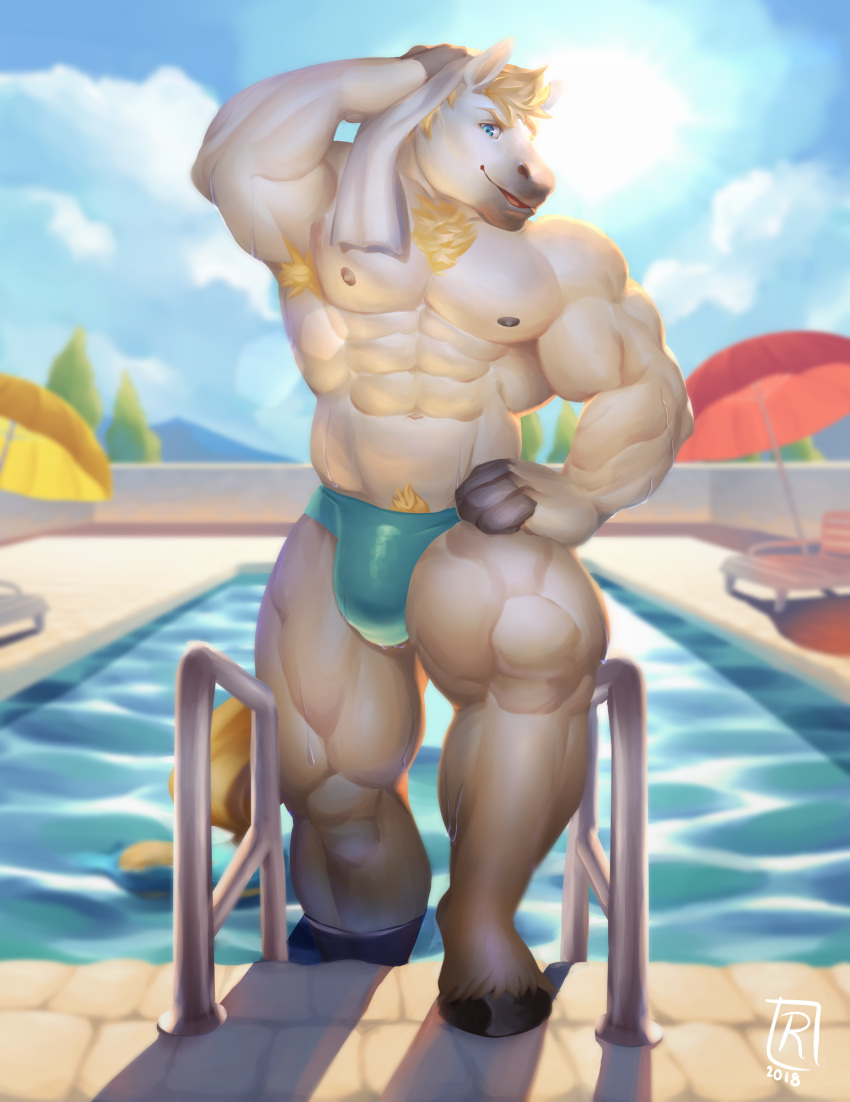 abs anthro armpit_hair blonde_hair blue_eyes bulge clothed clothing cloud equine fur hair hi_res horse looking_at_viewer male mammal mane muscular muscular_male nipples outside pool_(disambiguation) pubes raytig12 remidragon sky solo speedo sun swimming_pool swimsuit topless towel water white_fur