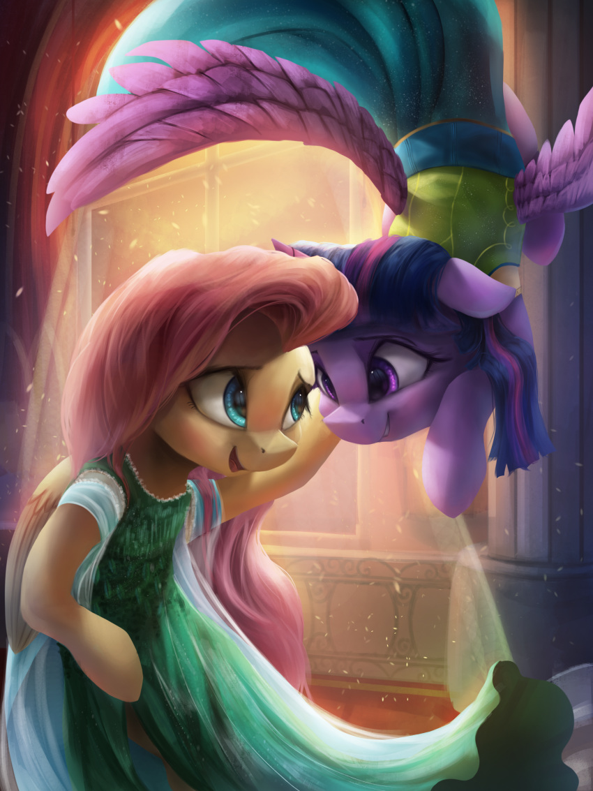 2018 absurd_res clothing duo equine eye_contact feathered_wings feathers female fluttershy_(mlp) friendship_is_magic hi_res horn inside mammal my_little_pony pegasus twilight_sparkle_(mlp) vanillaghosties winged_unicorn wings
