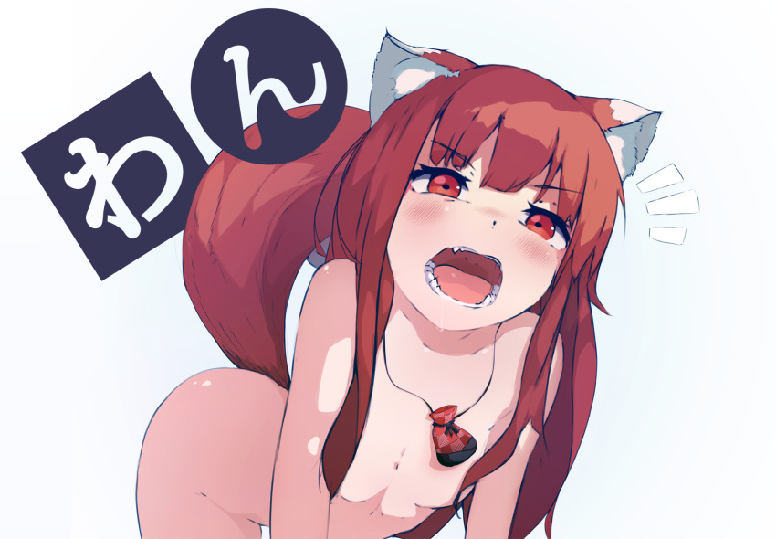 all_fours animal_ears bakadebiru bangs bare_legs bare_shoulders blunt_bangs blush breasts brown_hair convenient_censoring highres holo nude pouch red_eyes small_breasts solo spice_and_wolf tail teeth wolf_ears wolf_girl wolf_tail woof