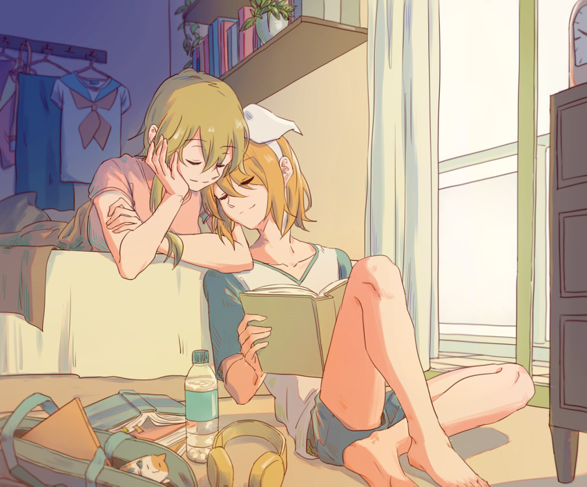 bag bed blonde_hair book bow chin_rest clock closed_eyes collarbone commentary_request curtains denim denim_shorts drawer face-to-face green_hair gumi hair_bow headphones highres indoors kagamine_rin leaning_on_person leaning_to_the_side lying multiple_girls on_bed on_stomach pink_shirt plant reading room sailor_collar school_uniform serafuku shelf shirt shorts sidelocks sitting smile t-shirt underl vocaloid window yuri