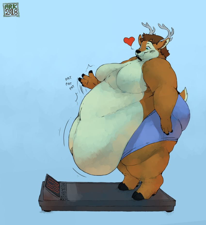 &lt;3 2018 antlers arkveveen_(artist) belly belly_jiggle belly_overhang big_belly cervine clothing cloven_hooves deep_navel hooves horn male mammal moobs morbidly_obese navel obese overweight solo standing thick_thighs underwear weighing_scale