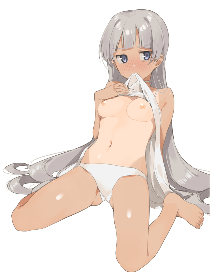2l_(2lsize) bangs blue_eyes blunt_bangs blush breasts camisole dress dress_lift eyebrows_visible_through_hair full-face_blush hand_on_own_chest hand_up highres jitome long_hair looking_at_viewer mouth_hold navel nipples one-piece_tan original panties silver_hair simple_background sitting small_breasts solo tan tanline thighs tsurime underwear very_long_hair wariza white_background white_panties