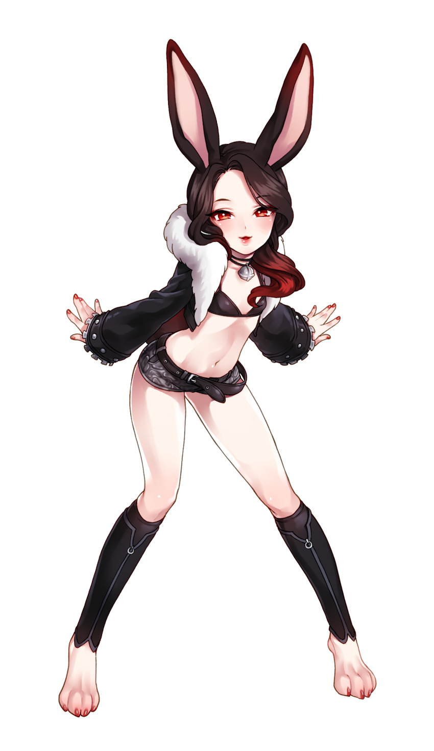 animal_ears barefoot bell belt bikini_top black_bikini_top black_jacket blade_&amp;_soul brown_hair bunny_ears bunny_tail commentary_request cropped_jacket flat_chest full_body fur_trim grey_shorts highres inpel jacket jingle_bell leather leather_jacket leg_warmers legs lips long_hair lyn_(blade_&amp;_soul) nail_polish navel open_mouth outstretched_arms paws red_eyes short_shorts shorts smile solo tail thighs transparent_background