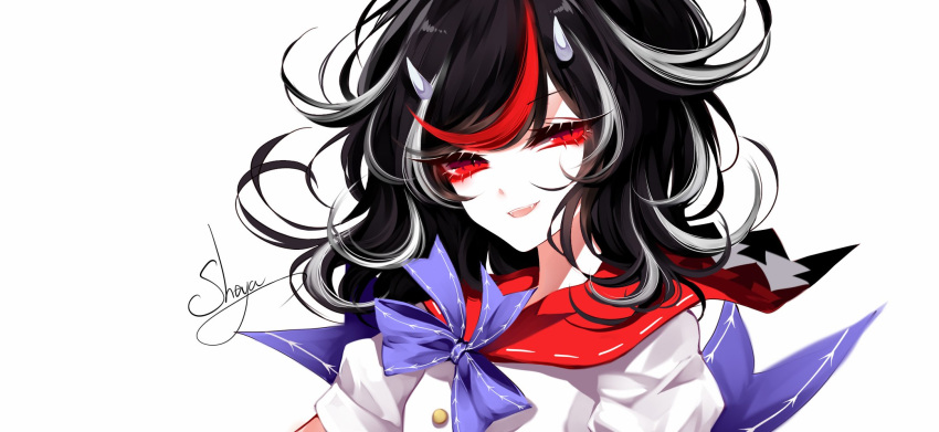 :d artist_name bangs black_hair blue_bow bow breasts commentary dress eyebrows_visible_through_hair eyelashes fangs highres horns kijin_seija long_hair looking_at_viewer multicolored_hair open_mouth puffy_short_sleeves puffy_sleeves red_eyes red_hair red_sailor_collar ribbon_trim sailor_collar sheya short_sleeves signature simple_background small_breasts smile solo streaked_hair swept_bangs touhou upper_body wavy_hair white_background white_dress white_hair