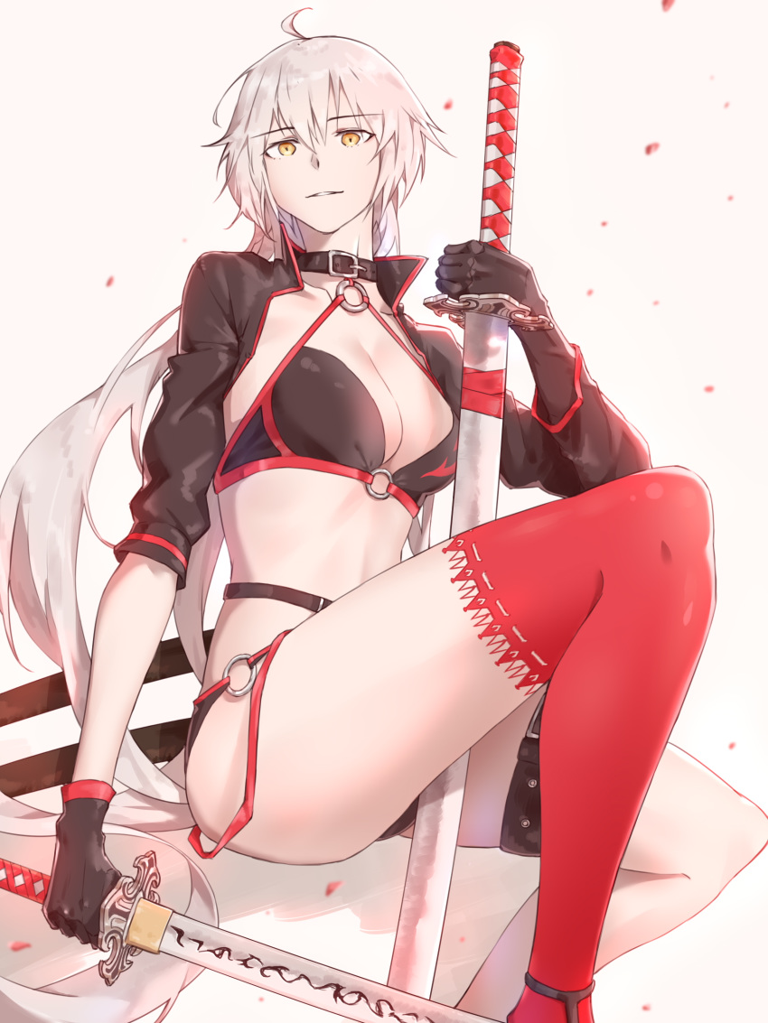 absurdres ahoge bikini black_bikini black_choker black_gloves black_jacket choker commentary cropped_jacket fate/grand_order fate_(series) gloves hair_between_eyes highres jacket jeanne_d'arc_(alter_swimsuit_berserker) jeanne_d'arc_(fate)_(all) katana long_hair o-ring o-ring_bikini o-ring_bottom o-ring_top pink_background red_legwear shrug_(clothing) silver_hair single_thighhigh solo swimsuit sword thighhighs uma_no_oke weapon yellow_eyes