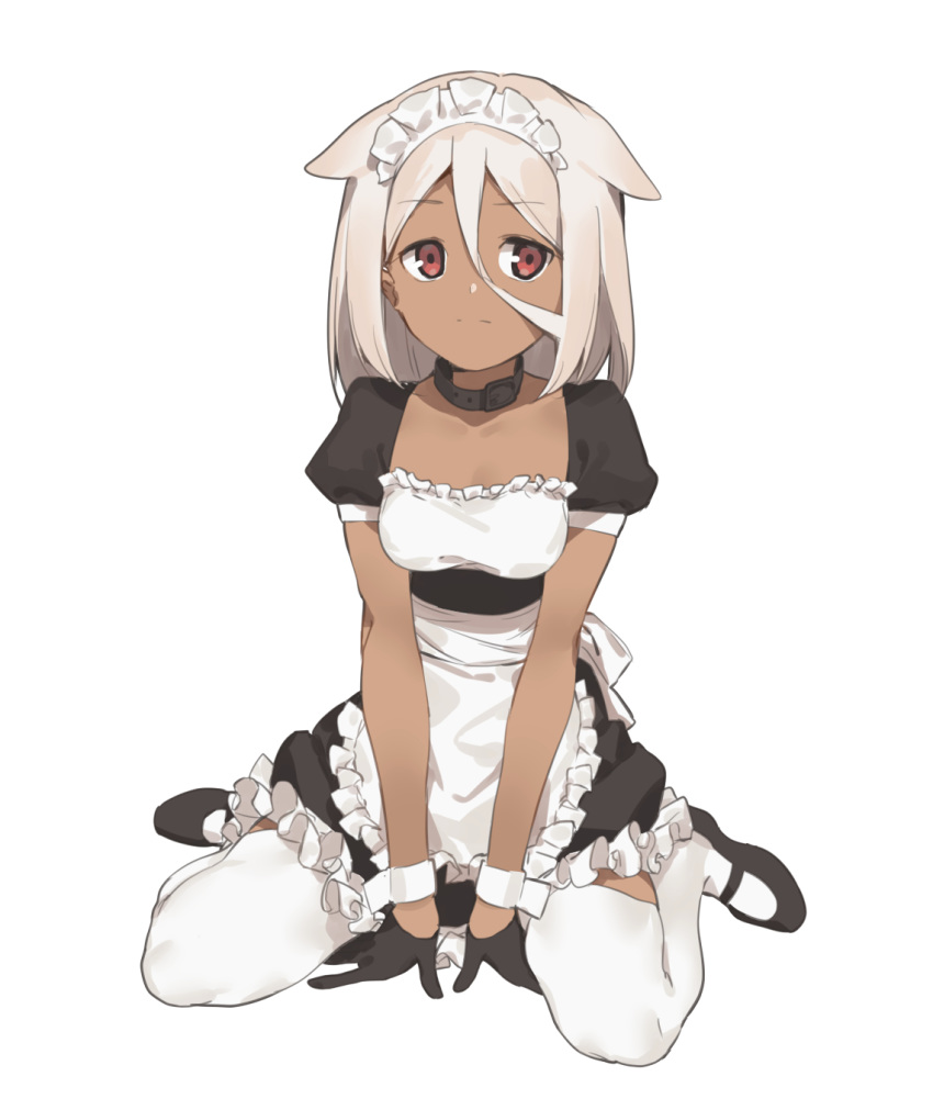 2l_(2lsize) apron black_gloves breasts choker closed_mouth dark_skin frills full_body gloves hair_between_eyes hair_flaps highres looking_at_viewer maid maid_headdress mary_janes original red_eyes shoes short_sleeves silver_hair simple_background sitting small_breasts solo tareme waist_apron wariza white_background white_legwear