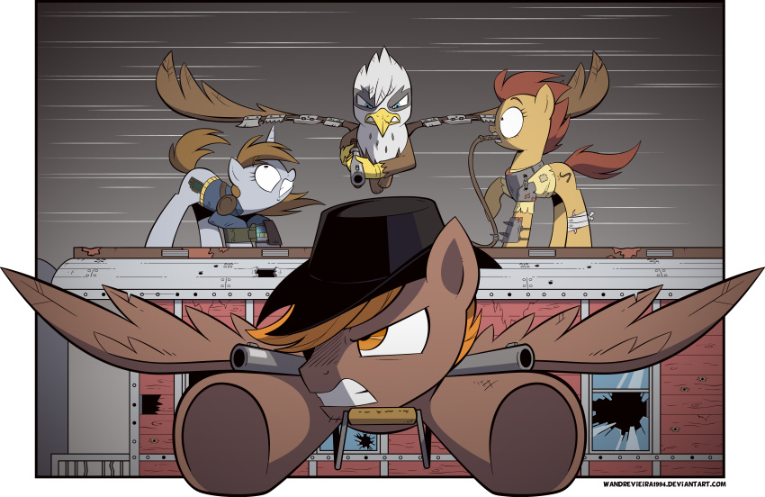 armor avian bandage calamity_(fallout_equestria) clothed clothed_feral clothing equine fallout fallout_equestria fan_character female feral fight group gryphon gun hat horn horse imminent_decapitation littlepip male mammal my_little_pony pegasus pony ranged_weapon running teeth train unicorn vehicle video_games wandrevieira1994 weapon whip window wings