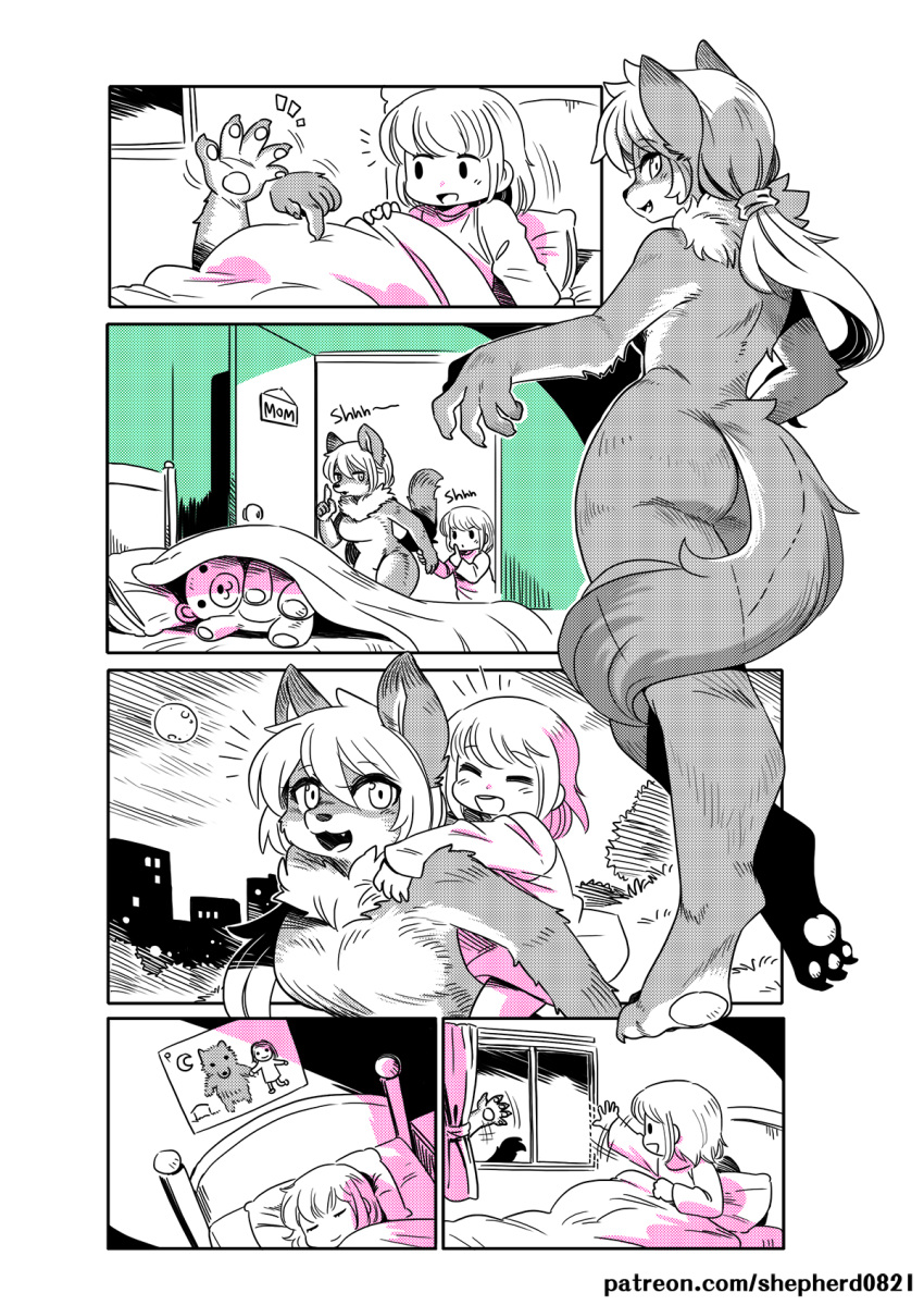 animal_ears ass bed blanket blush carrying child_drawing closed_eyes comic facing_another furry highres long_hair looking_at_another monster_girl moon mother_and_daughter multiple_girls night open_mouth original patreon_username piggyback pillow ponytail shepherd0821 short_hair sleeping smile stuffed_animal stuffed_toy tail teddy_bear watermark waving web_address werewolf window wolf_ears wolf_tail